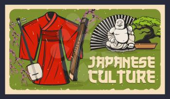 Japan, bonsai, netsuke and kimono, shamisen and geisha vector retro poster. Japanese culture and traditions, traditional costume dress, music instruments, cherry blossom sakura and Budai Buddha