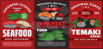 Seafood sushi and temaki, Japanese restaurant food menu, vector posters. Japanese cuisine sushi bar rolls with salmon and tuna fish, temaki with nori seaweed and rice