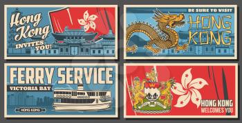 Hong Kong travel posters, ferry, dragon and blazon emblem with Bauhinia. Hong Kong landmarks and city sightseeing tours, Victoria bay ferry boat, golden dragon and Buddhist temple pagoda architecture