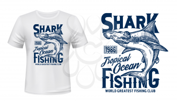 T-shirt print with hammer head shark, vector mascot for fishing or diving club, sketch sea predator animal and blue typography on white apparel template. Ocean adventure team, shark t-shirt mockup