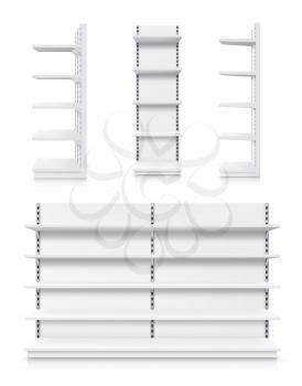 Supermarket racks, vector white shop product shelves. Empty store showcase display, metal retail bookcase racks. Shopping merchandise market shelving front and side view, realistic 3d isolated mockup