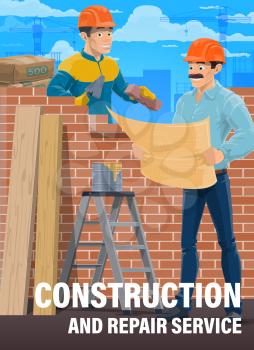 House construction professional workers. Mason or bricklayer in uniform and safety helmet laying brick wall with trowel, house architect, construction engineer or contractor reading blueprint vector