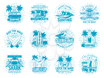 Surfing sport isolated vector icons, surfer club symbols with surf board, sportsman on big wave, traveling van and palm trees. Vacation on Hawaii, California beach surfing sports recreation labels set