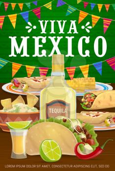 Viva Mexico vector poster with traditional mexican food enchiladas, tacos and burrito with nachos and guacamole, tequila, lime, chili and corn. Cartoon Mexican meals, viva la fiesta party celebration