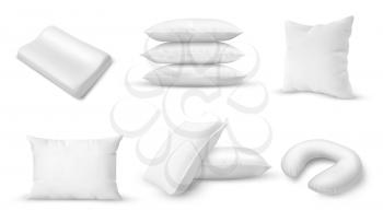 White pillows of different shapes. Blank square and rectangular form pillows, orthopedic and neck cushions for bedroom and travel. Realistic 3d vector mockup, home textile accessories for sleeping set