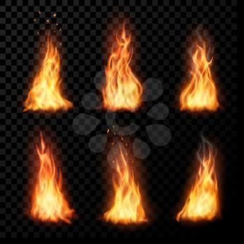 Fire, vector campfire, isolated torch flame. Burning bonfire blaze effect, glow orange and yellow shining flare with sparks, flying particles, embers and steam. Realistic 3d ignition tongues set