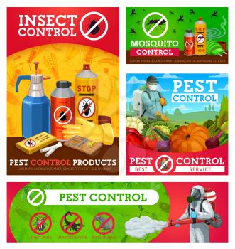 Insect control vector posters. Extermination, pest control workers spraying insecticide with pressure sprayer and cold fogger against home garden insects. Pest service men in protective suit, aerosols