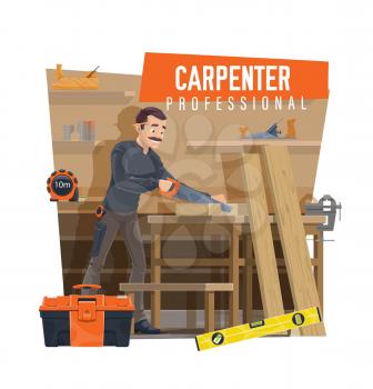 Carpenter cutting wooden board on workbench. Professional carpenter using hand saw, joiner crafting furniture in workshop, measure tape and toolbox, bubble level, carpentry vice and jack plane vector