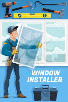 Windows installer service worker. Handyman in overalls and cap holding glass, installing window or mosquito net, toolbox, bubble level, and hammer, power screwdriver, sledgehammer and crowbar vector