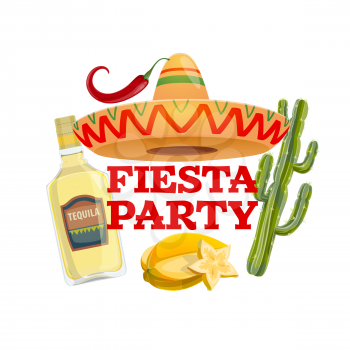 Fiesta party vector icon with traditional mexican sombrero hat, tequila glass bottle, carambola fruit and cactus with red jalapeno chili pepper. Cartoon Cinco de Mayo isolated poster with typography