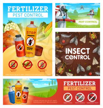 Fertilizer pest control vector posters. Disinsection, insect control on fields and gardens, exterminator with cold fogger spraying insecticide against insects and rodents. Aerosols for vermin fighting