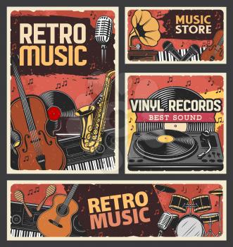 Retro music store and vinyl records shop banner. Music instruments, recording and playback equipment. Violin, saxophone and synthesizer, piano, guitar and maraca, vinyl discs turntable engraved vector