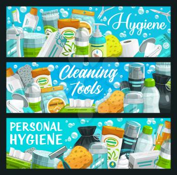 Hygiene, personal health care wash and clean products, vector banners. Bathroom and skincare toiletries, washing sponge and paper towel wipes, shaving foam and shower gel, toothbrush and dental floss