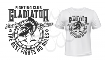 Gladiator warrior tshirt print, vector fight club mascot. White apparel mockup with roman or greek gladiator, solder or knight in helmet with plumage. Best fights no rules typography t shirt mock up