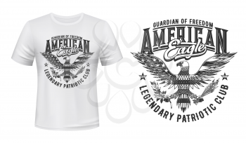 American eagle flag, t-shirt print mockup, US club emblem for patriots, vector. American eagle, USA coat of arms crest with flag stars, Guardian of Freedom slogan for American patriots t-shirt print