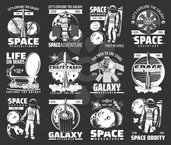 Outer space explore monochrome vector icons. Universe expedition galaxy adventure. Explorers and alien planet colonization mission. Astronaut, space shuttle and satellites cosmos research retro labels