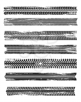 Tire prints, black car tyres track, isolated grunge vector marks. Bike race, vehicle, transportation dirty wheels trace. Rubber tires prints, automobile or bicycle drag. Monochrome graphic pattern set