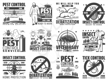 Pest control service, rodents and insects extermination icons. Deratization, insects extermination and agricultural pest control with pesticide dusting, veterinary clinic and tick danger vector emblem