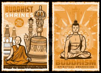 Buddhist shrines. Vector posters with Buddha and Tibet monk meditate sitting in lotus yoga pose on background with stupa and bell. Buddhism asian religion spiritual culture or tradition attributes