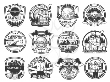 Lumberjack, lumbering and logging wood forestry, vector skull in hat icons. Lumberjack logger woodwork and sawmill service emblems with woodcutter crossed axes, saw logging trucks and joiner plane