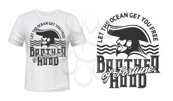 Tshirt print with pirate profile in cocked hat and sea waves. Vector mascot apparel design with typography brotherhood of fortune. T shirt print filibuster with ring in ear isolated emblem or label