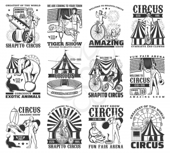 Big Top tent circus performances engraved vector icon set. Tiger tamer and snake charmer, magician, clown, strongman and unicyclist, aerial hoop acrobat and tightrope walker. Chapiteau circus show