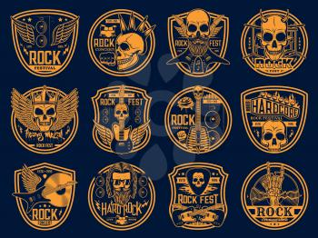 Heavy rock and punk music icons set. Rock festival and heavy metal live concert emblems. Evil sculls with horns, mohawk hairstyle and crown, winged and crossed electric guitars, drums engraved vector