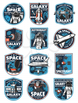 Astronaut in galaxy, rocket in outer space vector icons. Cosmos explore shuttles expedition, exploration or adventure. Satellite in space, rover on alien planet surface. Colonization mission labels
