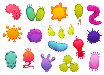 Microbes and viruses, pathogen microorganisms and coronavirus cell cartoon vector icons set. Dangerous bacteria, respiratory and intestinal infections, flu and influenza disease causative agent