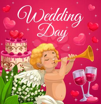 Wedding day celebration and marriage ceremony. Cherub or angel blowing in trumpet, wedding cake with raspberry and heart decoration, lily of the valley flowers bouquet and two wineglasses vector