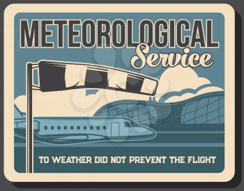 Airport meteorological and navigation service. Private jet, passenger business airplane and international airport flight terminal building, windsock vector. Airline or aviation industry retro banner
