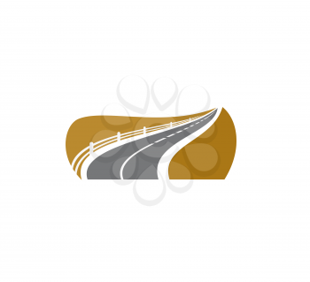 Road icon, asphalt roadside sign, avenue or highway, vector symbol. Road way path or traffic drive with direction marks, journey and street navigation, car races and travel, road building construction