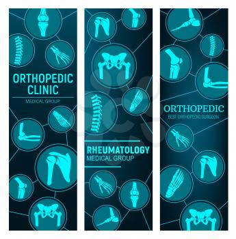 Orthopedics and rheumatology, joint diseases treatment. Human body joints x-ray, spine, knee and hip, pelvis, shoulder and foot, wrist, elbow vector. Orthopedic surgery, rheumatology clinic banner