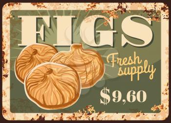 Figs dried fruits rusty metal plate, food sweets and farm market price, vector vintage poster. Natural organic dried figs fruits, metal plate with rust grunge and dollar price
