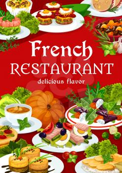France cuisine vector dishes gratten with mushrooms, bacon wrapped liver plate, tuna salad with tomato, olives and eggs, potato caserrole, pumpkin soup, salmon tartare. French meals, food poster