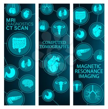 Magnetic resonance imaging, computed tomography medicine banners. Human body internal organs MRI and CT scan images, intestine, stomach and brain, heart, lungs and pancreas, uterus, testicles vector