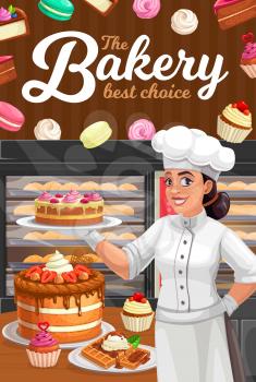Confectioner in patisserie presenting vector desserts, cakes and bakery. Confectionery, baker shop with pastry baking in oven. Bake fresh sweet cupcake, macaroon and meringues, waffles or pies poster