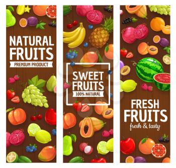 Natural farm fruits and berries banners. Grape, lemon and pomegranate, feijoa, papaya and watermelon, pineapple, grapefruit and strawberry, cherry, bilberry and raspberry vector. Fruits market poster
