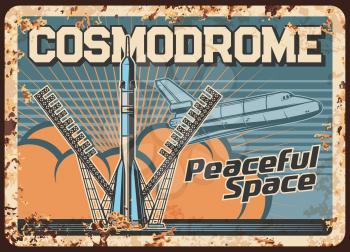 Space explore vector rusty metal plate, mother missile take off cosmodrome, rocket booster with shuttle on board take off Earth surface vintage rust tin sign. Cosmos research mission retro poster