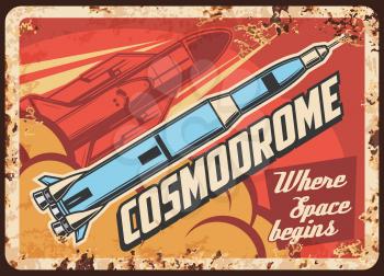 Outer space exploration vector rusty metal plate. Rockets carry shuttle on board take off cosmodrome. Vintage rust tin sign of galaxy and universe explore. Spaceship flying out of Earth retro poster