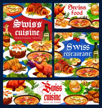 Swiss cuisine vector menu. Restaurant gingerbread leckerli, chicken in dough, duck with orange and bread cake. Swiss pearl barley and cheese soup, beef wellington. Meat, pastry dishes