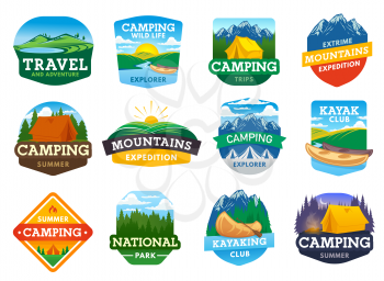 Camping, hiking and travel summer outdoor adventure, vector camp icons. Mountaineering and mountain trekking, eco tourism and travel expedition, national park and kayaking sport emblems