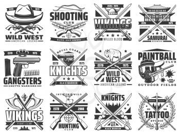 Guns, battle weapon and hunting ammo vector icons. Wild West revolver guns, tattoo studio spear sign and paintball club, Viking swords and samurai katana, gangsters guns, crossbow and spear