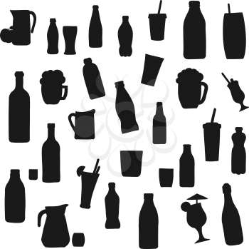 Alcohol and soft drink bottle vector silhouette icons. Bottles and cocktail glasses, fruit juice pitcher, soda cup with drinking straw, smoothie and milkshake, champagne and wine bottle silhouettes