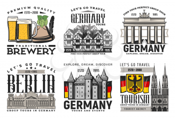 Germany tours and events, travel and tourism agency vector icons. Berlin landmarks and Brandenburg Gate, castles and church, Oktoberfest beer brewery, flag and hat, famous architecture sightseeing