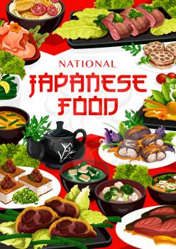 Japanese cuisine food, vector restaurant menu with Japan traditional dishes. Japanese meat, tofu steak and soup, butanico no harasiyake, cauliflower and broccoli soup, white noodles with vegetables