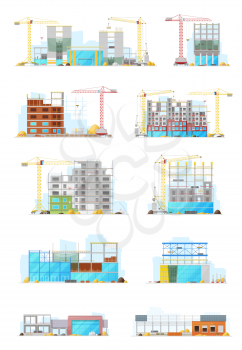 House construction sites, store or warehouse buildings vector icons set. Working cranes put a stone block on construction facade with building materials around. Urban construction industry
