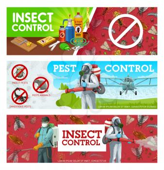 Pest control, disinfestation and deratization sanitary service vector banners. Aerial pest control, agriculture insecticide, domestic disinfection and fumigation of bugs, rodents and insects