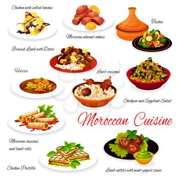 Moroccan cuisine dishes, Morocco authentic restaurant menu, vector food. Moroccan almond cookies, tazhin and harira soup, chickpea with eggplant salad, lamb couscous and chicken pastilla
