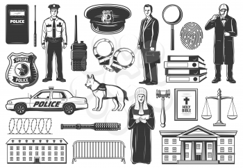 Legislation and justice, police, detective investigation and law judge vector icons. Policeman with badge, lawyer and prosecutor, prison and court, scales and handcuffs, fingerprints and magnifier